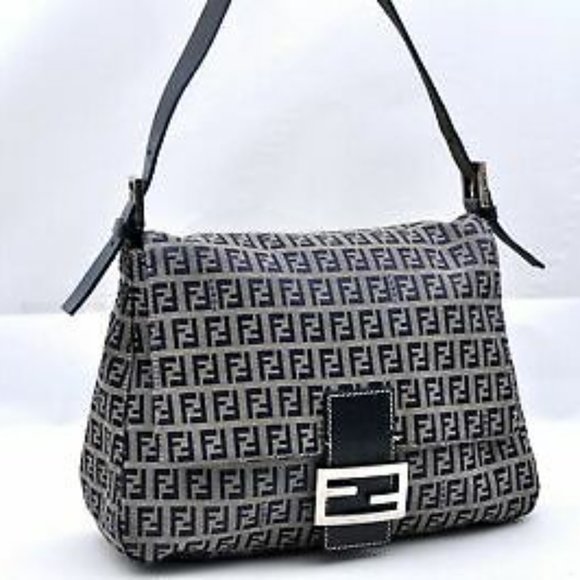 FENDI ZUCCHINO MAMMA BAGUETTE HAND BAG NAVY GRAY - Picture 3 of 3